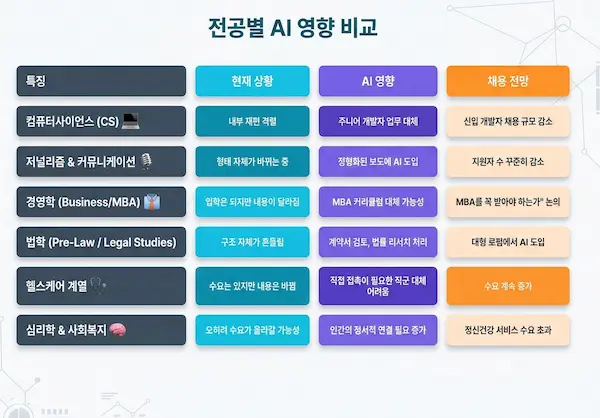 AI 시대 미국 대학 전공별 고용 영향 및 전망 그래프