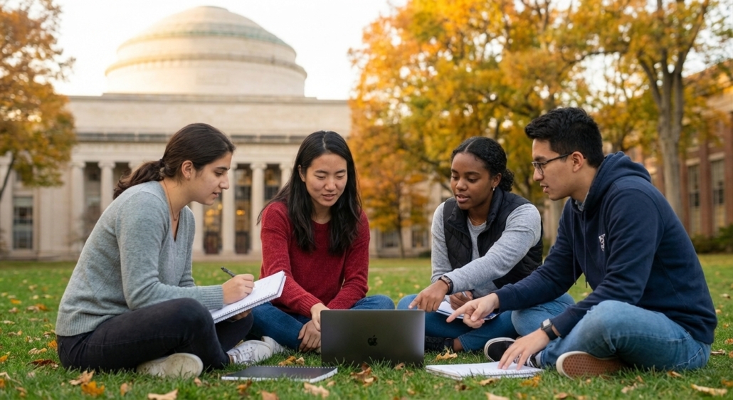 Four diverse college students sitting on a campus lawn, engaged in a discussion while studying with laptops and notebooks.