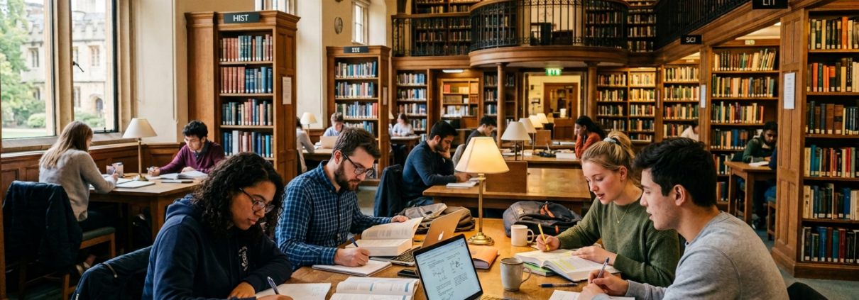 Group of students studying around a table with books, notes, and laptops in a library.