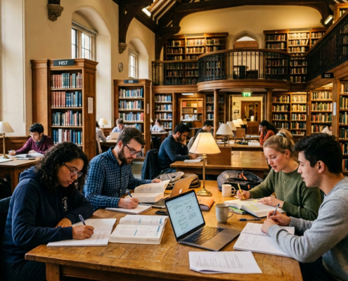 Group of students studying around a table with books, notes, and laptops in a library.