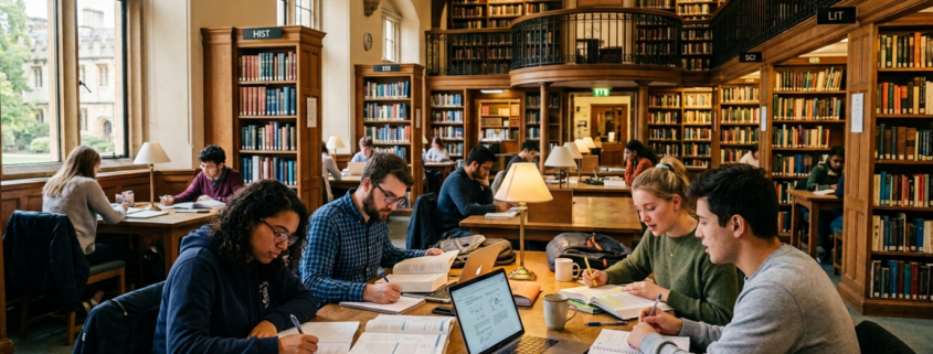 Group of students studying around a table with books, notes, and laptops in a library.