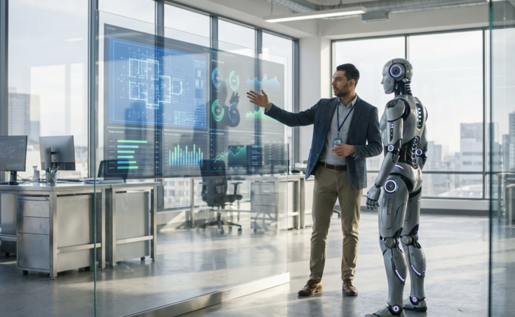 Robotics engineer working with a humanoid AI robot in a modern office, illustrating a robotics engineering career in the age of AI