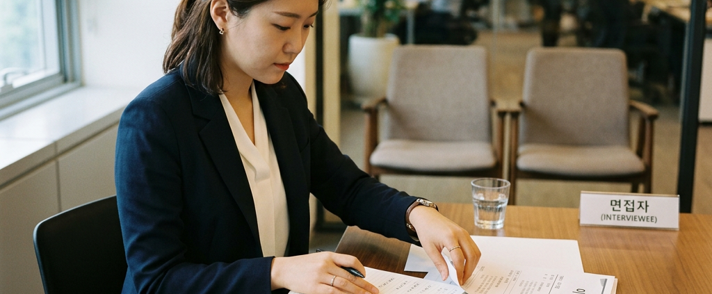 미국 취업 면접 실수를 줄이기 위해 인터뷰 서류를 검토하는 여성