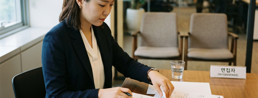 미국 취업 면접 실수를 줄이기 위해 인터뷰 서류를 검토하는 여성