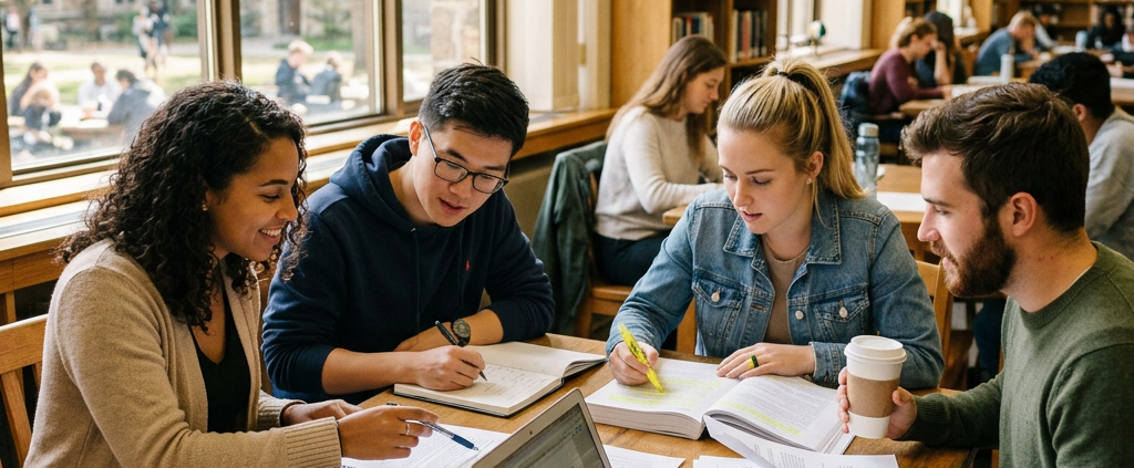 Four students studying together at a library table with books and laptop