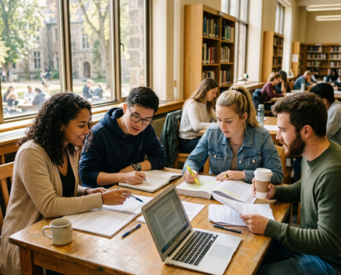 Four students studying together at a library table with books and laptop