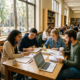 Four students studying together at a library table with books and laptop