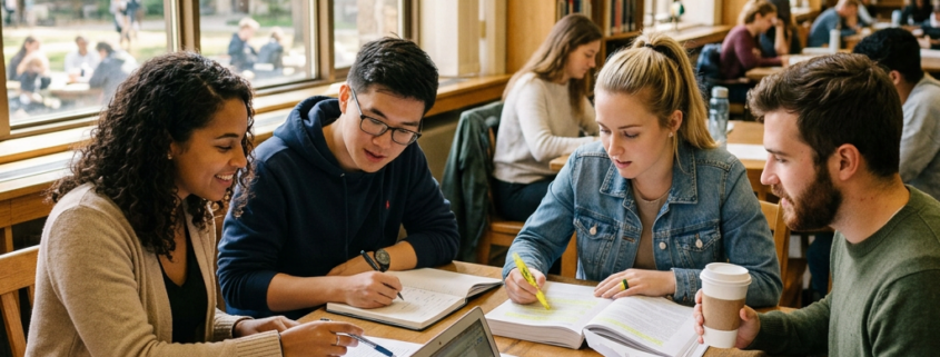 Four students studying together at a library table with books and laptop